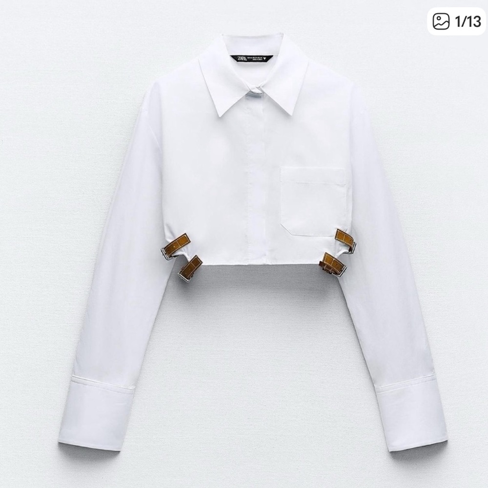 Zara White Kids Button Down Shirt with Buckle Details NWT